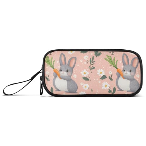 KLL Federmäppchen mit Cartoon-Motiv, Grau, Kaninchen, Karotte, weiße Gänseblümchen, Nylon, große Kapazität, Schulmäppchen, Schreibwaren-Tasche für Schule und Damen von KLL