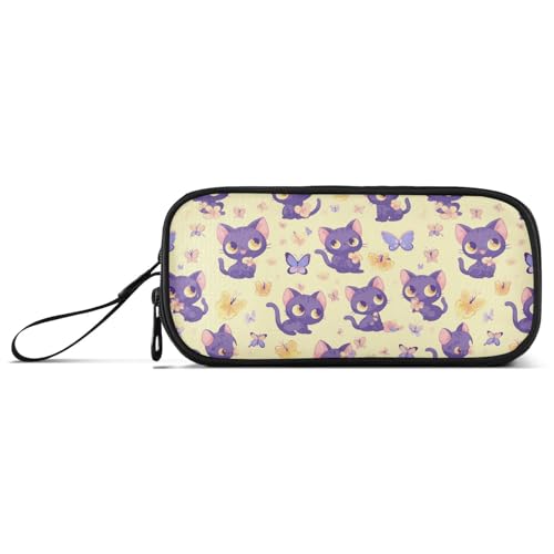KLL Federmäppchen mit Cartoon-Motiv, kleine Katze, Schmetterlinge, Nylon, große Kapazität, Reißverschluss, Federmäppchen, Schreibwaren-Tasche für elementare Männer, Lila von KLL