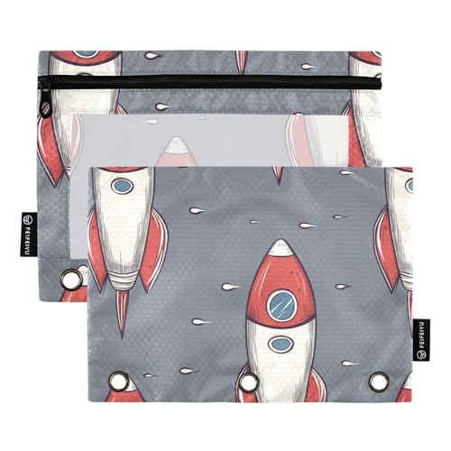 KLL Federmäppchen mit Cartoon-Weltraum-Raketen, graues Federmäppchen für Ringe, Ordner, Ordner mit Binderlöchern für Kinder, Schreibwarenzubehör von KLL