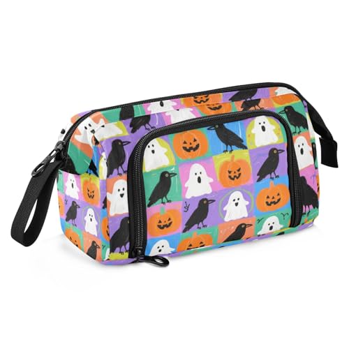 KLL Federmäppchen mit Halloween-Motiv, Cartoon-Krähen und Kürbis, bunt, kariert, große Kapazität, Tasche mit Fach, multifunktional, für Damen von KLL