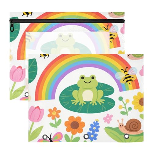KLL Federmäppchen mit Reißverschluss, 3 Ringe, Tasche für A4-Papier, Briefe, 2 Stück, Studenten, Klasse, kindliche Illustration, Frosch, Schmetterling, Regenbogen, Blume, Biene, bunt von KLL