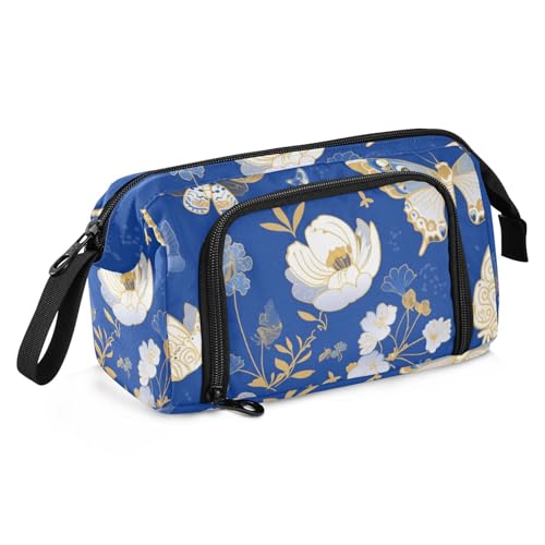 KLL Federmäppchen mit Schmetterlingsmotiv, großes Fassungsvermögen, mit Griff, für Mädchen, Kindergarten, Blau und Weiß von KLL