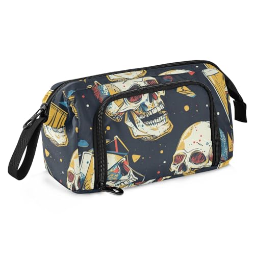 KLL Federmäppchen mit Totenköpfen und Biertrinken, geometrischer Stil, großes Fassungsvermögen, Schreibwaren, Federmäppchen mit Reißverschluss, für Studenten, Studenten von KLL