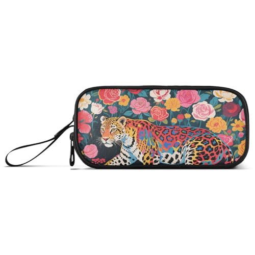 KLL Federmäppchen mit buntem Leoparden- und Blumenmuster, Art-Deco, Nylon, hohe Kapazität, Federmäppchen, Schreibwaren-Tasche für College-Jungen von KLL
