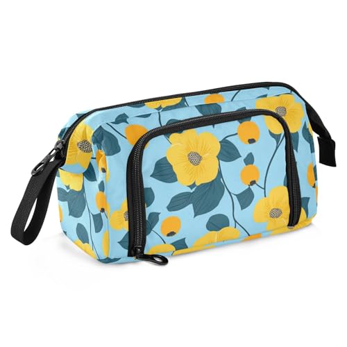 KLL Federmäppchen mit gelben Blumen, hellblau, großes Fassungsvermögen, Kosmetik, mit Fach für Studenten, Schule, Must-Have von KLL