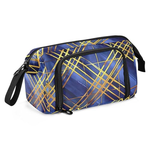 KLL Federmäppchen mit geometrischen Linien, große Kapazität, Hartschale, leicht, für Damen, Kosmetik, Blau und Gold von KLL