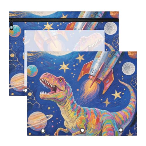 KLL Federmäppchen mit glatten Reißverschlüssen, 3-Lochung für A4-Papier, Briefe, 2 Stück, Lehrer, Schulbedarf, Cartoon, bunte Dinosaurier-Raketen von KLL