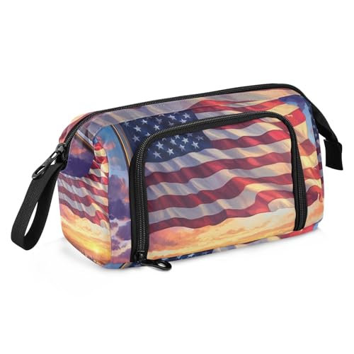 KLL Federmäppchen mit großem Fassungsvermögen, Federmäppchen mit Griff, Stifteetui, Kosmetik, Make-up für Teenager, Mädchen, adrette Schulbedarf, patriotische Dämmerungsflagge von KLL
