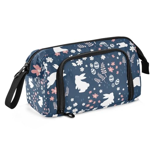 KLL Federmäppchen mit großem Fassungsvermögen, Kosmetiktasche mit Griff, Federmäppchen für Erwachsene, für Herren, adrett, Schulbedarf, Kosmetik, niedliche Hasen, Blume, Blau, Cute Bunnies Flower von KLL