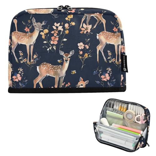 KLL Federmäppchen mit großem Fassungsvermögen, Make-up-Tasche mit Fach, Schreibtisch-Organizer für Herren, ästhetisch, Hirsch, Marineblau von KLL