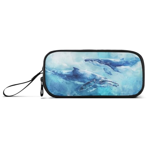 KLL Federmäppchen mit großem Fassungsvermögen, Motiv: Wale, Aquarell-Stil, Nylon, für Teenager, Schreibwaren-Tasche für High School und Damen, Hellblau von KLL