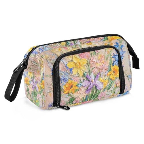 KLL Federmäppchen mit großem Fassungsvermögen, großes Federmäppchen mit Reißverschluss, Federmäppchen für Teenager, Büro, Frühlingsblumen, Narzissen, Iris, Sonnenblume, Rouge von KLL