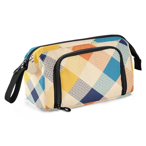 KLL Federmäppchen mit großer Kapazität, Make-up-Tasche, tragbar, Stand-Up-Federmäppchen für Erwachsene, High School, Mittelschule, Büffelkaro, Karo, geometrisch, Büffelkaro, kariert, geometrisch, von KLL