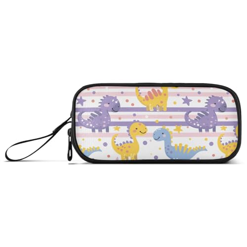 KLL Federmäppchen mit niedlichen Dinosauriern, hellviolette Streifen, Nylon, für Teenager, große Kapazität, Kunst-Federmäppchen, Schreibwaren-Tasche für Studenten von KLL