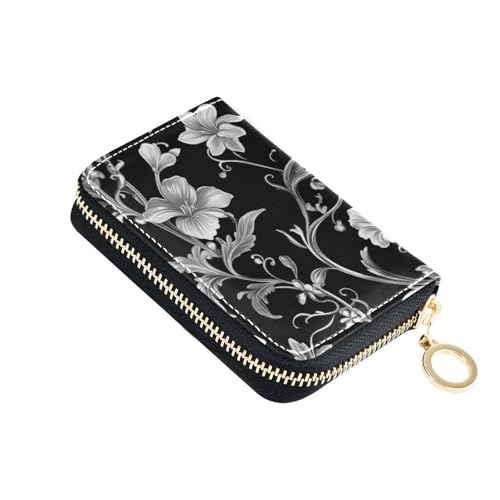 KLL Florals Lavender Begonia Hosta Black_4 Leder Kleine Kreditkartenetui mit 2 Geldfächern, RFID-blockierend, Kreditkartenorganizer mit Reißverschluss von KLL