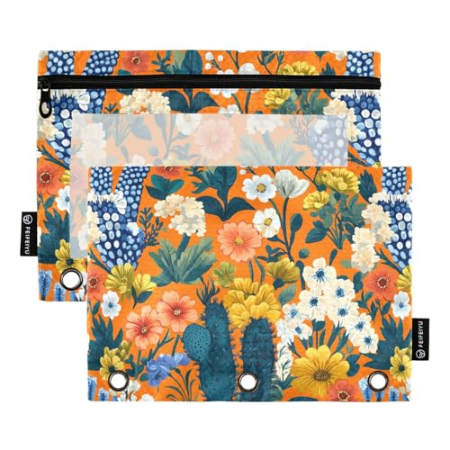 KLL Frühlingsblumen Kaktus Blutendes Herz Hyazinthe Orange Ringe Binder Tasche Federmäppchen für 3 Loch Binder Beutel mit 3 Löchern für Untersuchung Zuhause Reise Karten Aufbewahrungsbehälter von KLL