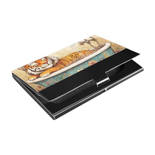 KLL Funny Tigers Vintage Bathtub Slim Business Card Holder with Leather & Stainless Steel Credit Card Holders for Business Meeting Use portatarjetas para hombre von KLL
