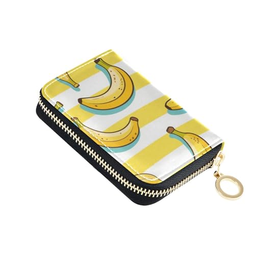 KLL Gelb-weiß gestreifte Obstbananenleder-Geldbörse für Karten mit 9 Kartenfächern, RFID-blockierend, kleiner Kartenhalter mit Reißverschluss von KLL