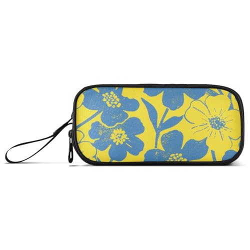 KLL Gelbe blaue Blumen Holzblockdruck Nylon Stiftaufbewahrungstasche Große Kapazität Bleistift Aufbewahrung Etui Schreibwaren für Büro Mädchen von KLL
