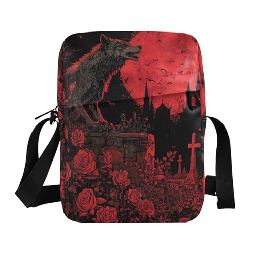 KLL Gothic Vampir Wolf Messenger Bag Cute Vegan Leather Mens Crossbody Bag Small Travel Shoulder Handbag For Travel von KLL