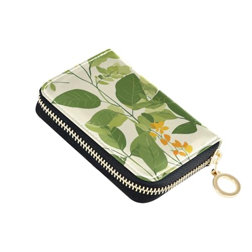 KLL Grüne Blätter Frühling gelbe Blumen Leder kleine Kartenetui mit 9 Kartenschlitzen RFID blockierend Frauen Kartenhalter mit Reißverschluss von KLL