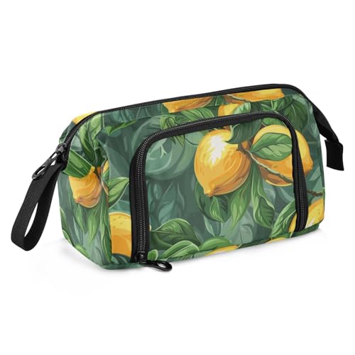 KLL Grüner Hintergrund mit gelben Zitronen Stifteetui, große Kapazität, Stand-up-Federmäppchen mit Fach für Mädchen, Schulbedarf von KLL