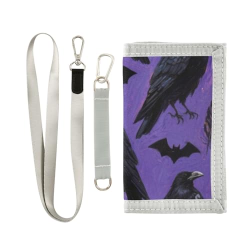 KLL Halloween Black Crow Trifold Pocket Wallets for Womans Minimalistic Casual Thin Wallets for Men with Lanyard von KLL
