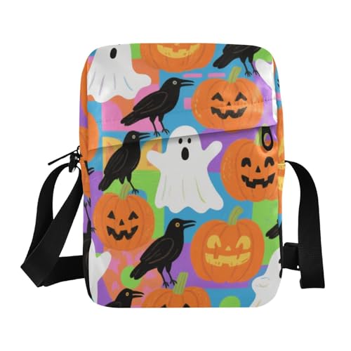 KLL Halloween Cartoon Krähen Kürbis bunt kariert Kuriertasche Veganes Leder Herren Crossbody Bag Casual Shoulder Handtasche von KLL