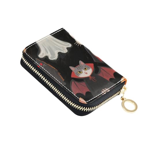 KLL Halloween-Geldbörse mit Vampirkatze, Leder, Kartenhalter, Damen, mit 2 Geldfächern, RFID-blockierend, Kreditkartenetui mit Reißverschluss von KLL