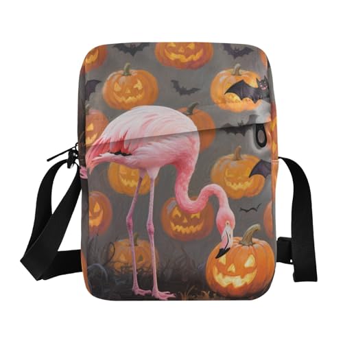 KLL Halloween Orange Kürbis Flamingos Messenger Bag für Herren Veganes Leder Schultertasche für Herren Casual Shoulder Handtaschen von KLL