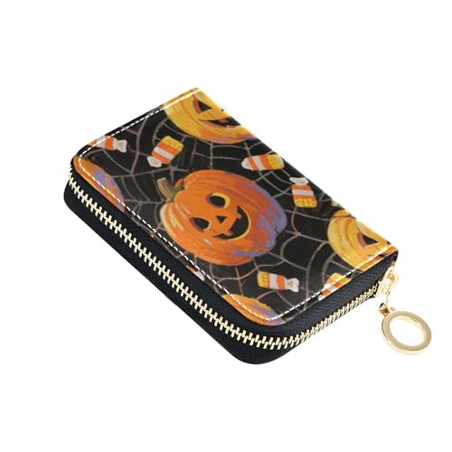 KLL Halloween Orange Kürbis Leder Kleine Kartenetui mit Zion Geldbörse RFID Blockierung Kleiner Kartenhalter mit Reißverschluss von KLL