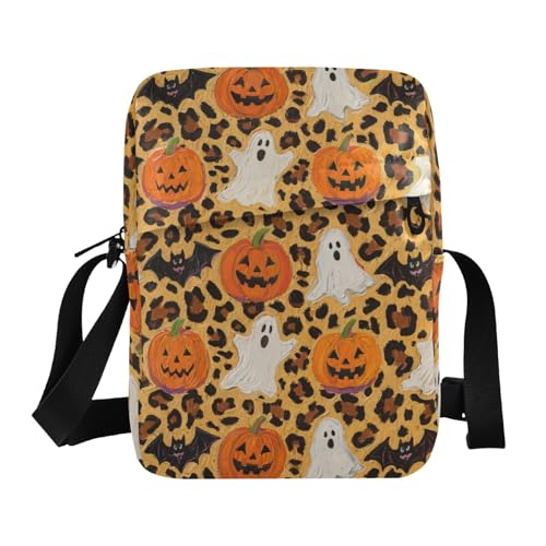 KLL Halloween Orange Leopard Kürbis Messenger Bag Crossbody Vegan Leder Umhängetasche Crossbody Casual Shoulder Hand Bags von KLL
