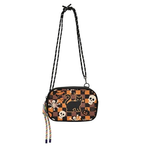 KLL Halloween Orange karierter Kürbis Katze Totenkopf Umhängetasche Herren Trendy mit verstellbarem Riemen Handytasche Machen Sie einen Spaziergang von KLL
