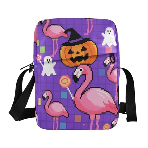 KLL Halloween Pixel Pink Flamingo Messenger Bag Cute Vegan Leather Crossbody Bag Men Casual Shoulder Handtaschen von KLL