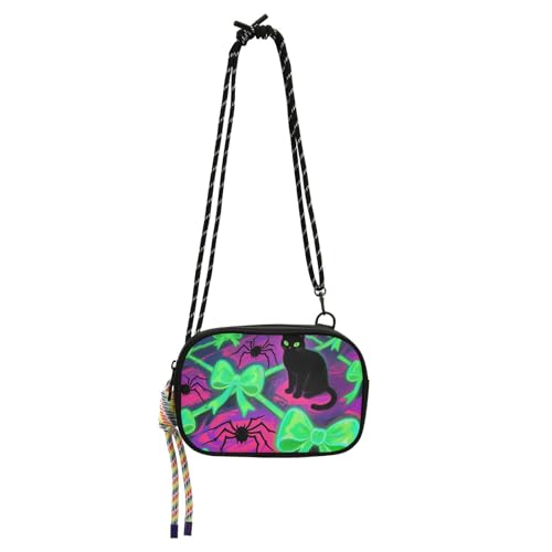 KLL Halloween-Umhängetasche, Motiv: schwarze Katze, Spinne, Schleife, Diebstahlschutz, für Herren, bequem, mit Kreditkartenfächern, kleine Handtaschen für einen Spaziergang von KLL