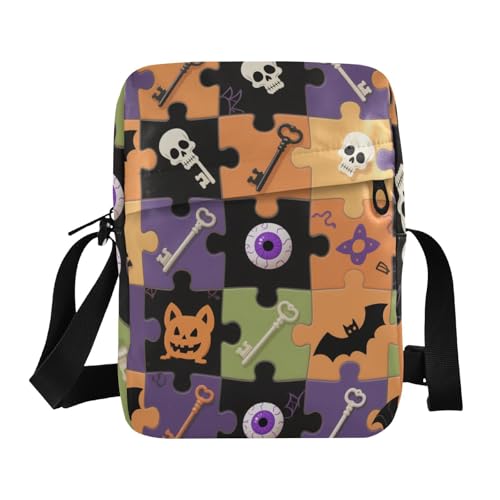KLL Halloween-Umhängetasche, buntes Puzzle mit Totenkopf-Fledermäusern, veganes Leder, Herren-Umhängetasche, Schultertasche für Damen KLL Halloween-Umhängetasche, buntes Puzzle mit Totenkopf-Fledermäusern, veganes Leder, Herren-Umhängetasche, Schultertasche für Damen von KLL