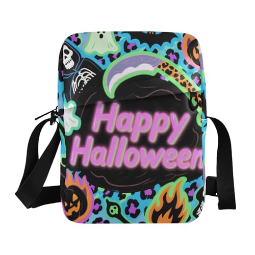 KLL Halloween-Umhängetasche mit Leopardenmuster, Kürbismuster, veganes Leder, für Herren, Reise-Schultertasche für Reisen von KLL