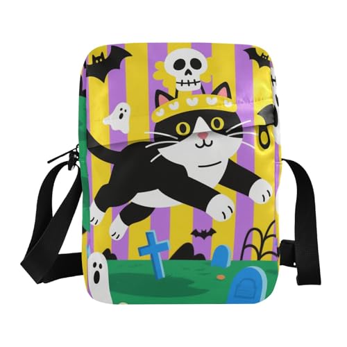 KLL Halloween Umhängetasche mit schwarzen Katzen-Streifen, veganes Leder, Umhängetasche, Herren, Einkaufstasche, Schulterhandtaschen von KLL