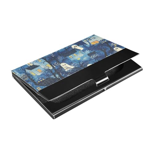 KLL Halloween Villages Blue Illustration Cut Slim Card Holder for Business Card With Leather and Stainless Steel Credit Card Storage for Business Meeting Use tarjetero para Hombre von KLL