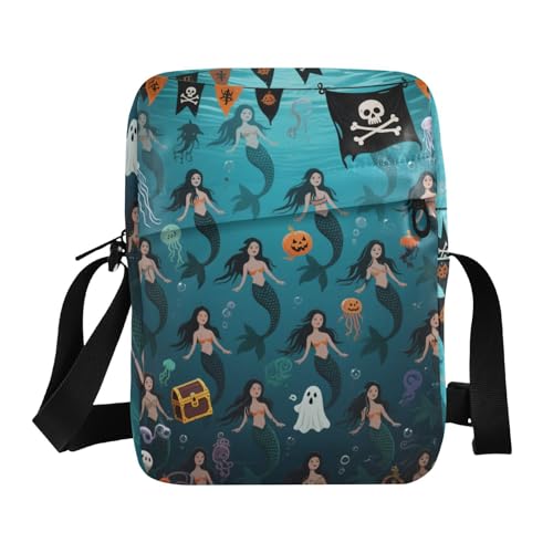 KLL Happy Halloween Meerjungfrau Kürbis Messenger Bag für Damen Veganes Leder Schultertasche für Männer Shopping Frau Handtasche Schultergurt von KLL