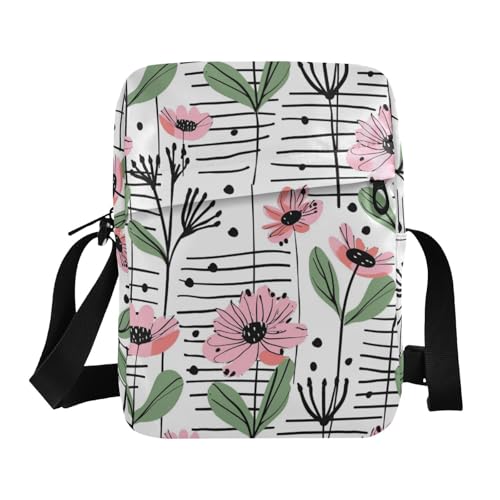 KLL Herren Kuriertasche aus veganem Leder, Motiv: Pastellfarbene Blumen und schwarze Streifen, lässige Handtasche für Reisen von KLL