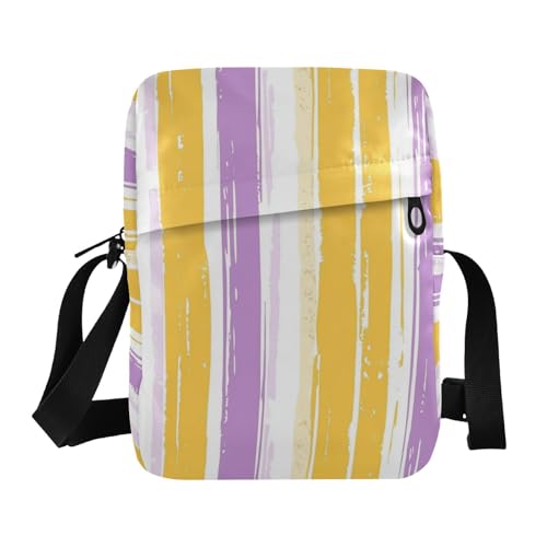 KLL Herren-Umhängetasche, gelbes und hellviolettes Streifenmuster, veganes Leder, Einkaufs-Schulterhandtaschen von KLL