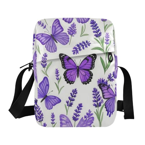 KLL Herren-Umhängetasche, veganes Leder, Lavendel mit Schmetterlingen, lässig, für Reisen, Violett von KLL