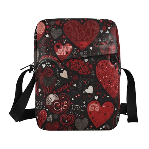 KLL Herren-Umhängetasche mit Vintage-Herzmuster, veganes Leder, Umhängetasche, lässige Schultertasche, Schwarz von KLL