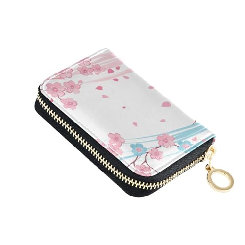 KLL Kartenetui aus Leder mit 9 Kartenfächern, RFID-blockierend, mit Reißverschluss, Kirschblüten-Motiv, Rosa / Blau von KLL