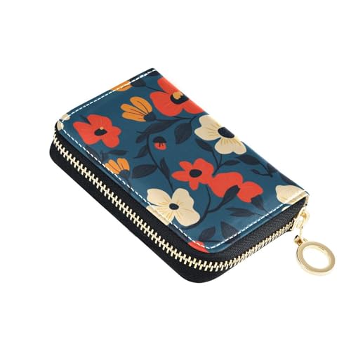 KLL Kartenetui aus Leder mit blauem Hintergrund, orangefarbene Blumen, Kreditkartenetui mit Reißverschluss, RFID-blockierend, Kreditkartenetui von KLL