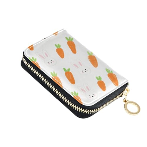KLL Kartenetui aus Leder mit niedlichem Häschen und Karotte, mit 2 Geldfächern, RFID-blockierend, Kreditkartenorganizer mit Reißverschluss, Weiß von KLL