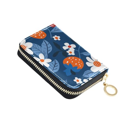 KLL Kartenetui für Damen, Erdbeer-Blumen und Blätter, Leder, mit RFID-blockierendem Kreditkartenetui für Damen, mit Reißverschluss von KLL