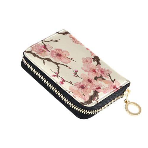 KLL Kartenetui für Damen, japanisches Kirschblütenleder, mit 2 Geldfächern, RFID-blockierend, mit Reißverschluss von KLL
