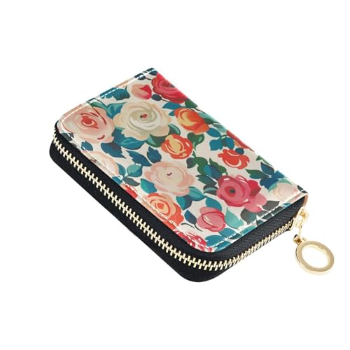 KLL Kartenetui für Damen, mit 9 Kartenfächern, RFID-blockierend, mit Reißverschluss, Aquarell-Blumenmuster, Leder von KLL